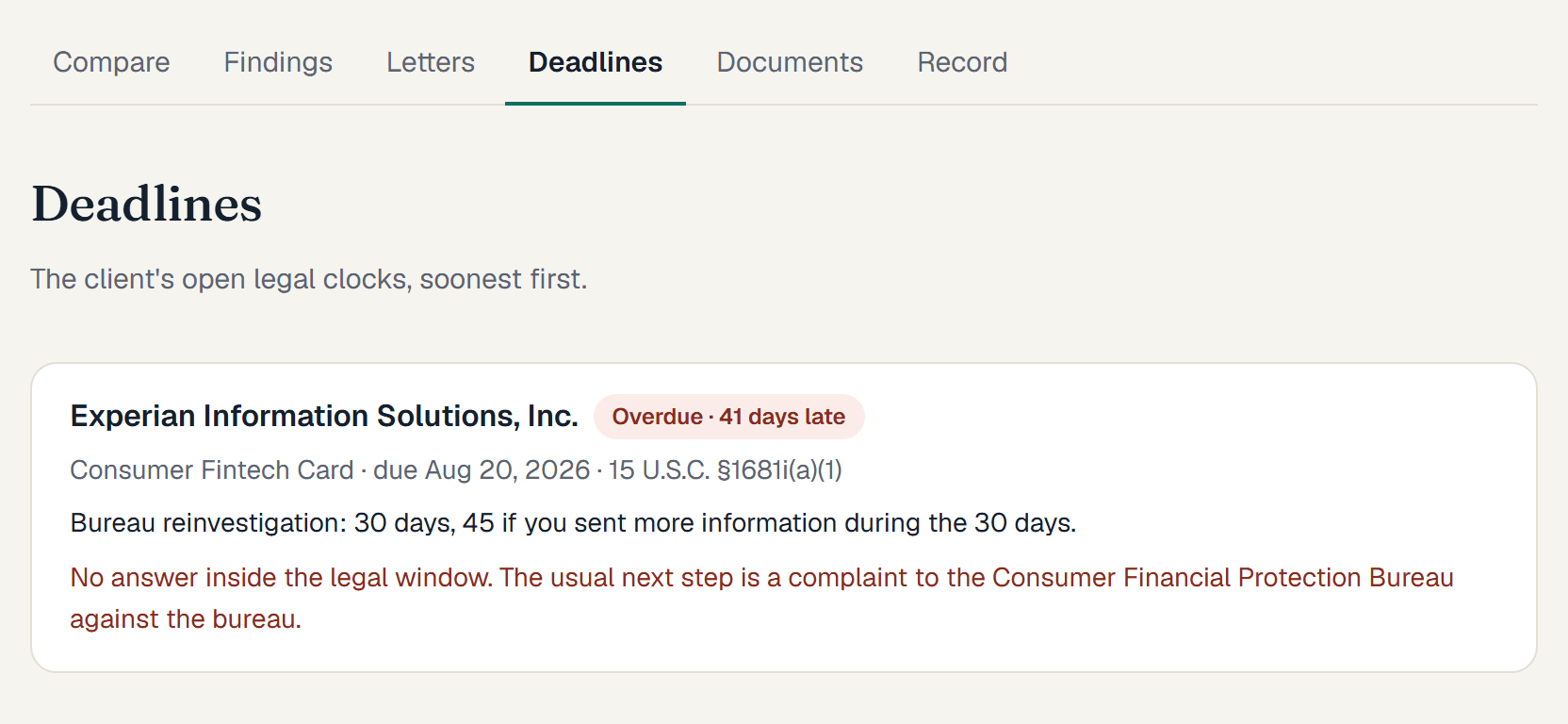 A fictional client's deadlines, one past due