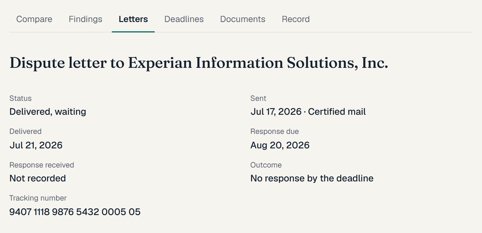 A fictional client's sent letter: certified mail, the delivery date, the response due date and the tracking number